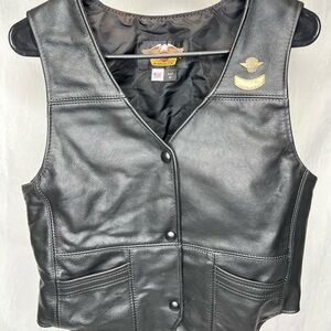Vintage Harley Davidson 1996 Black Leather Vest Pins Biker Women’s Size M USA